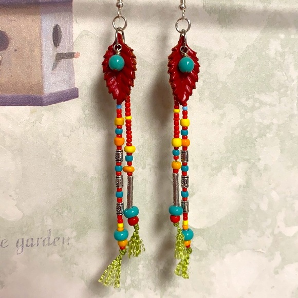 NWOT Super long multicolored earrings beads silk - Picture 2 of 5